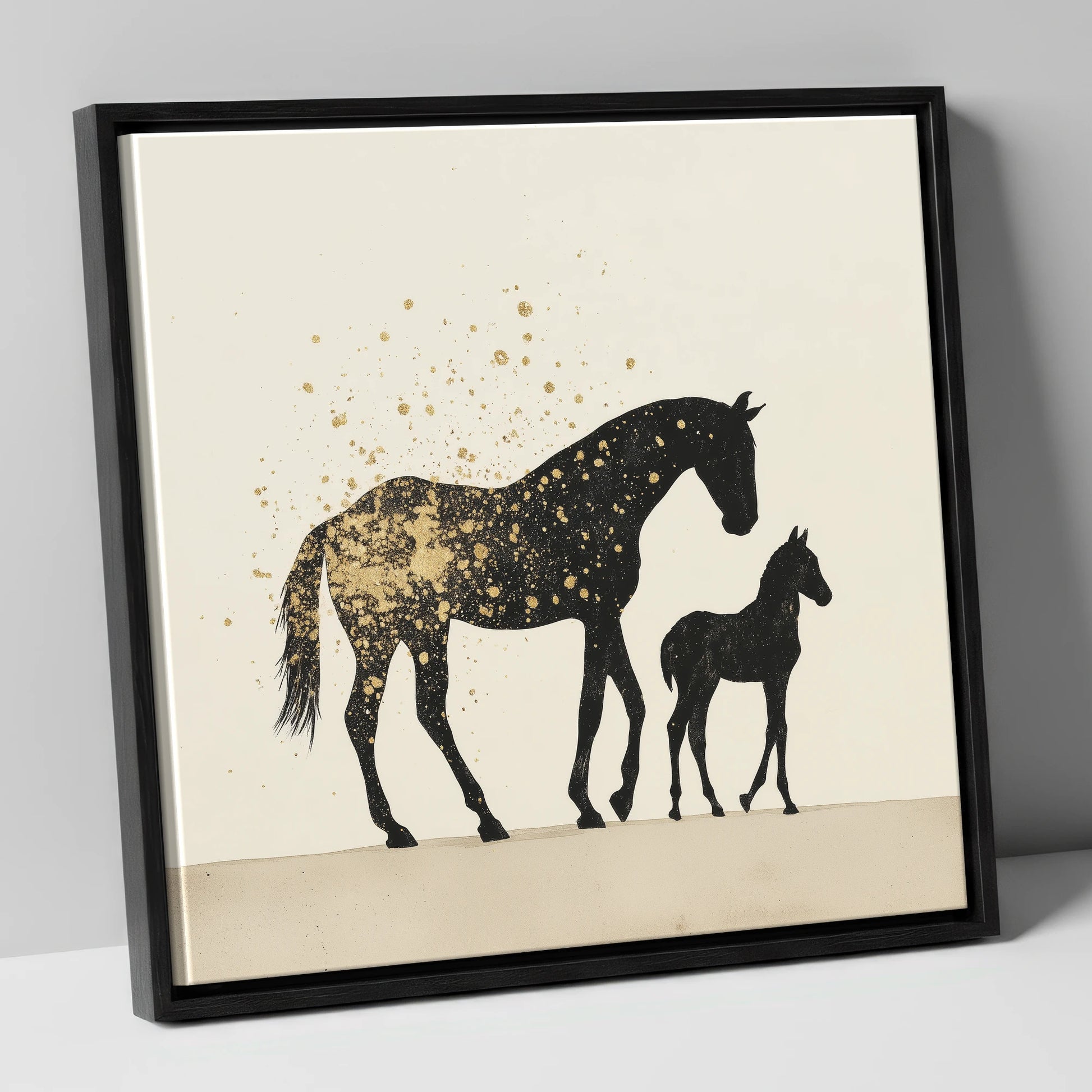 Gilded Bonds mare & foal canvas wall art in black frame