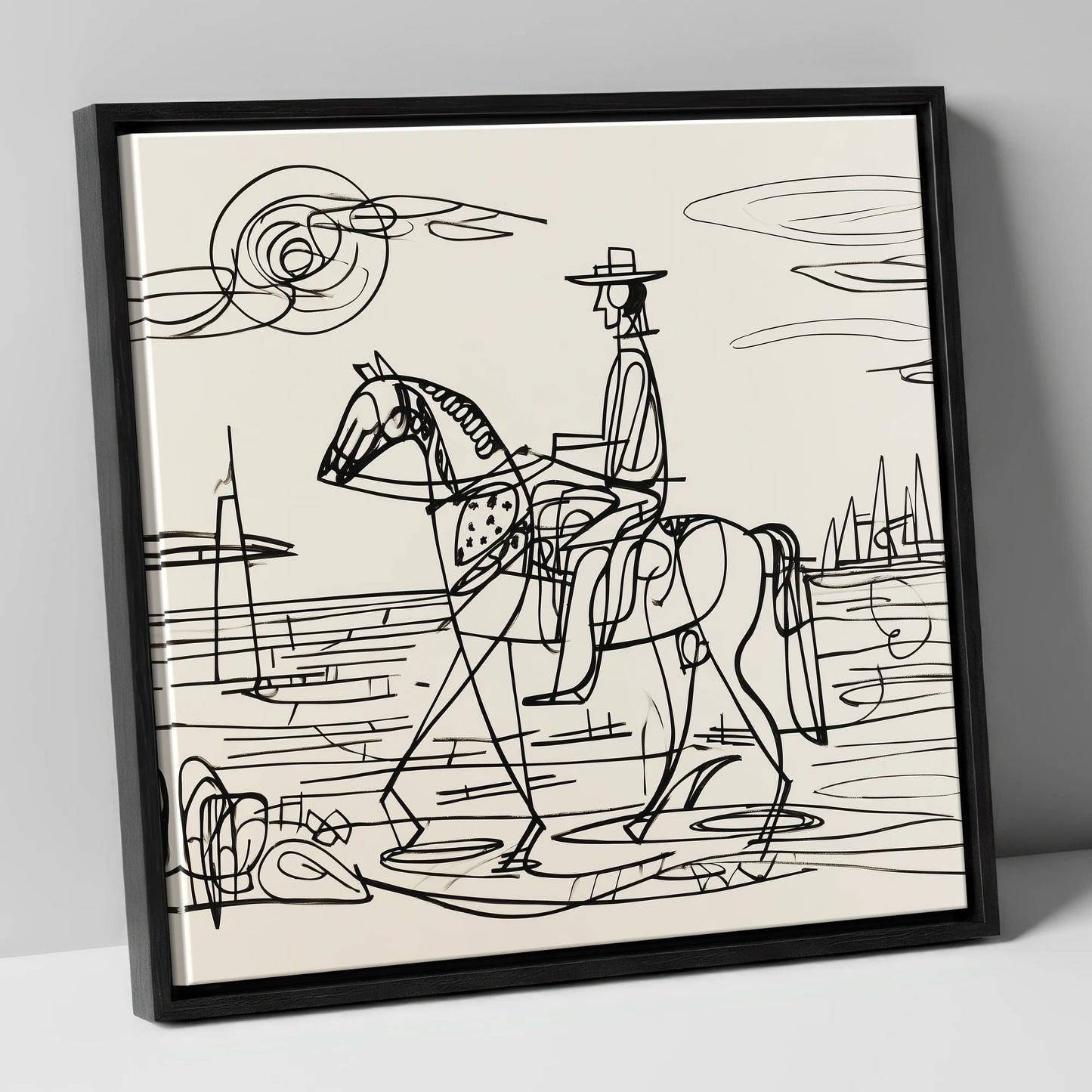 Abstract Coastal Ride beach horse canvas wall art in black frame