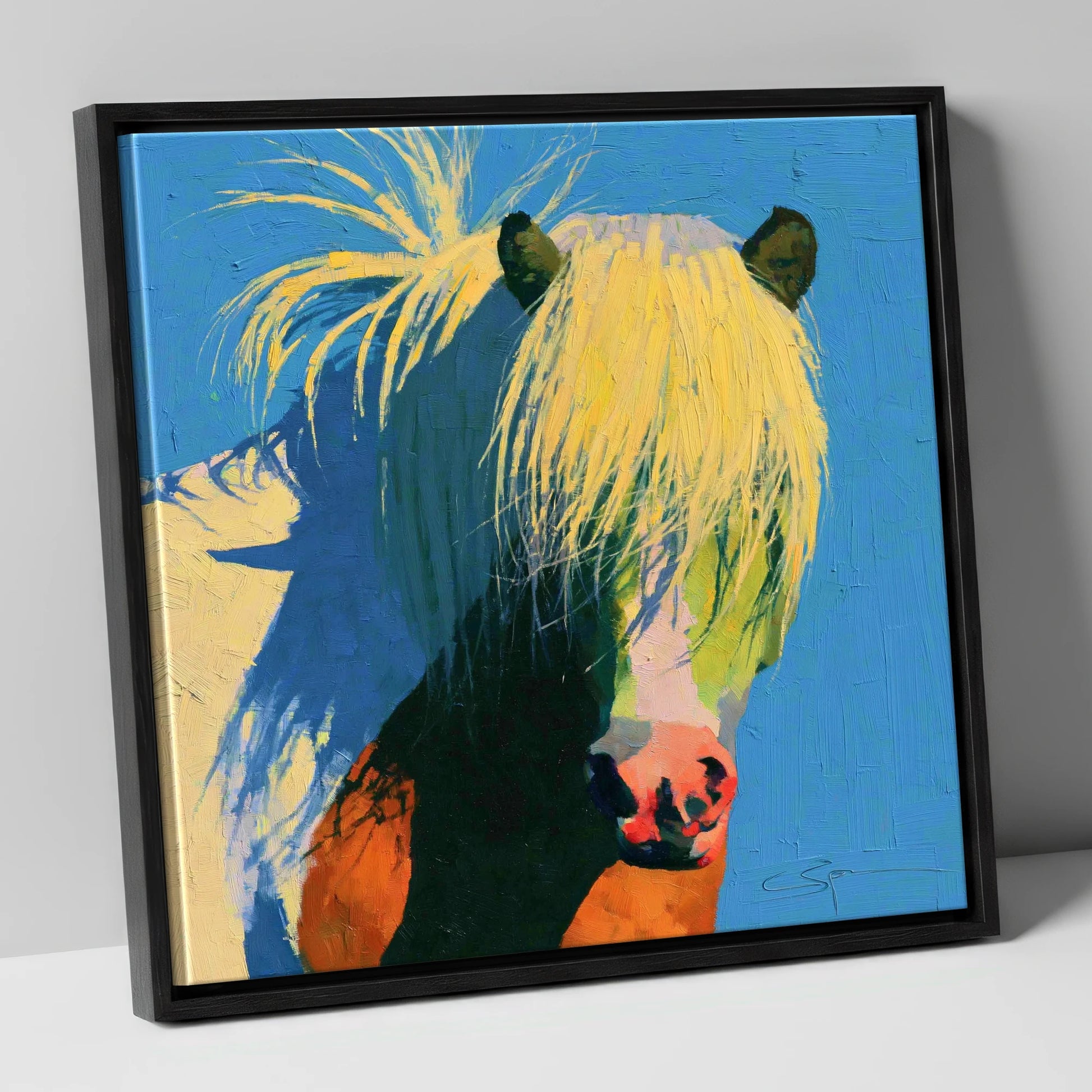 Thick Maned Pony in Blue horse breed canvas wall art in black frame