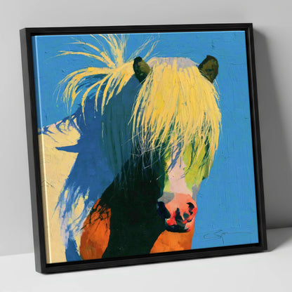 Thick Maned Pony in Blue horse breed canvas wall art in black frame