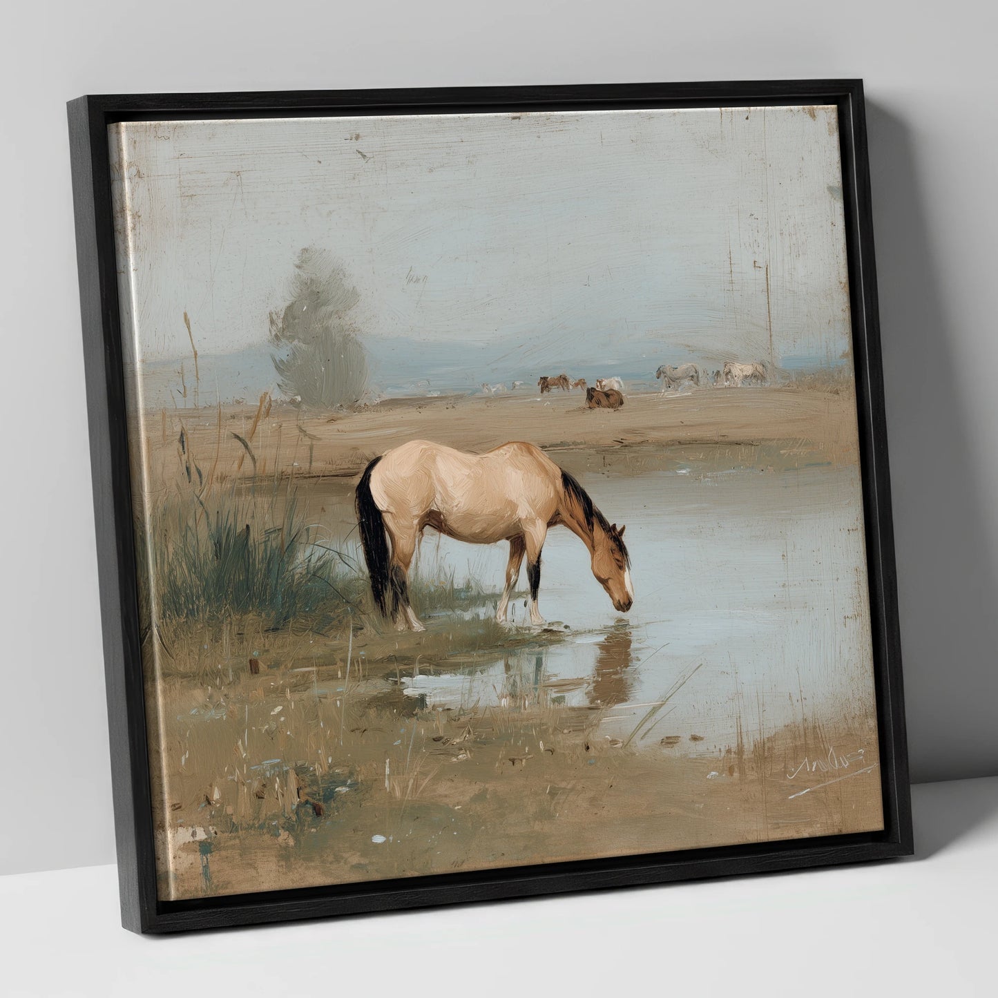 Buckskin by the Shallows horse landscape canvas wall art in black frame