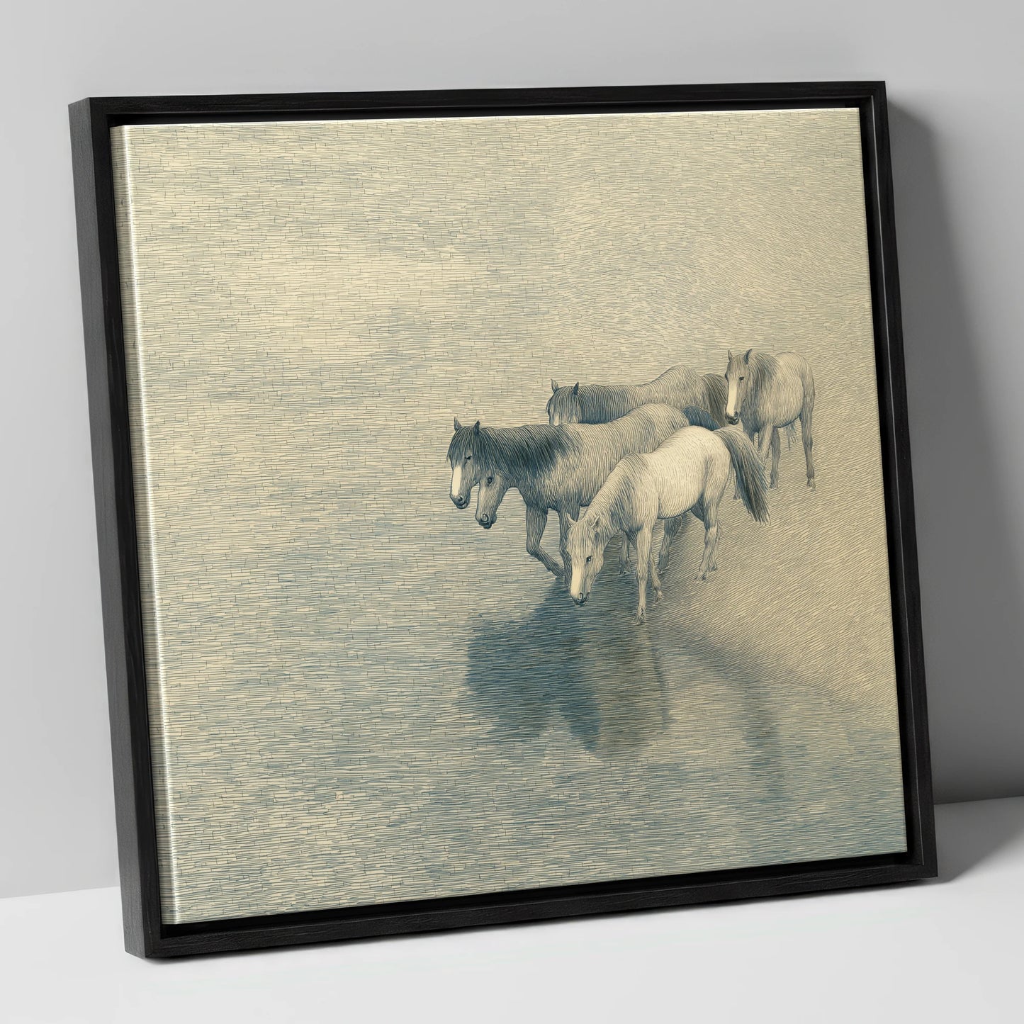Reflections of the Herd wild horses canvas wall art in black frame