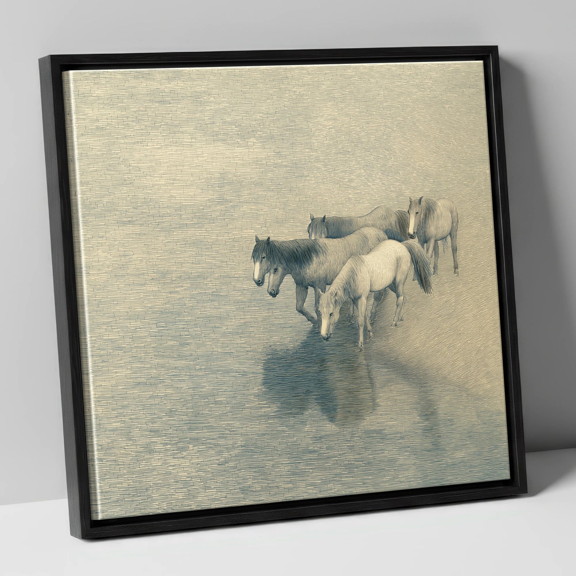 Reflections of the Herd wild horses canvas wall art in black frame