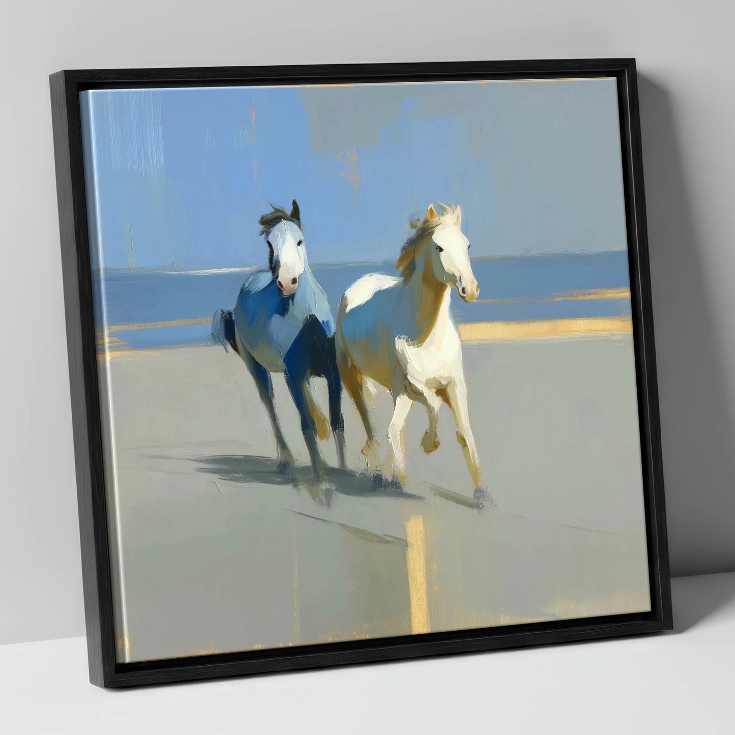 Sunlit Coastal Canter wild horses canvas wall art in black frame