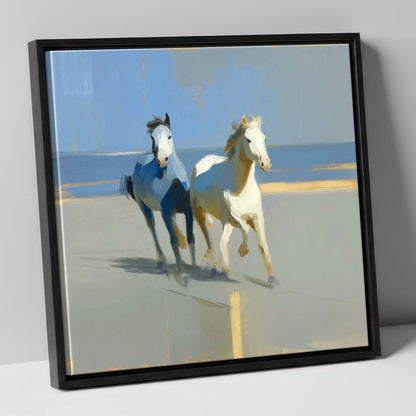 Sunlit Coastal Canter wild horses canvas wall art in black frame