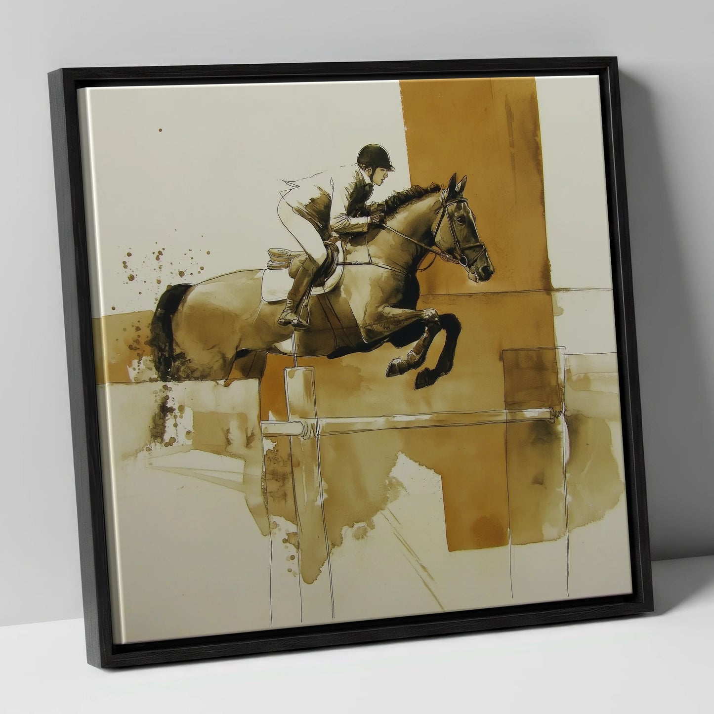 Airborne in Sepia show jumping horse canvas wall art in black frame