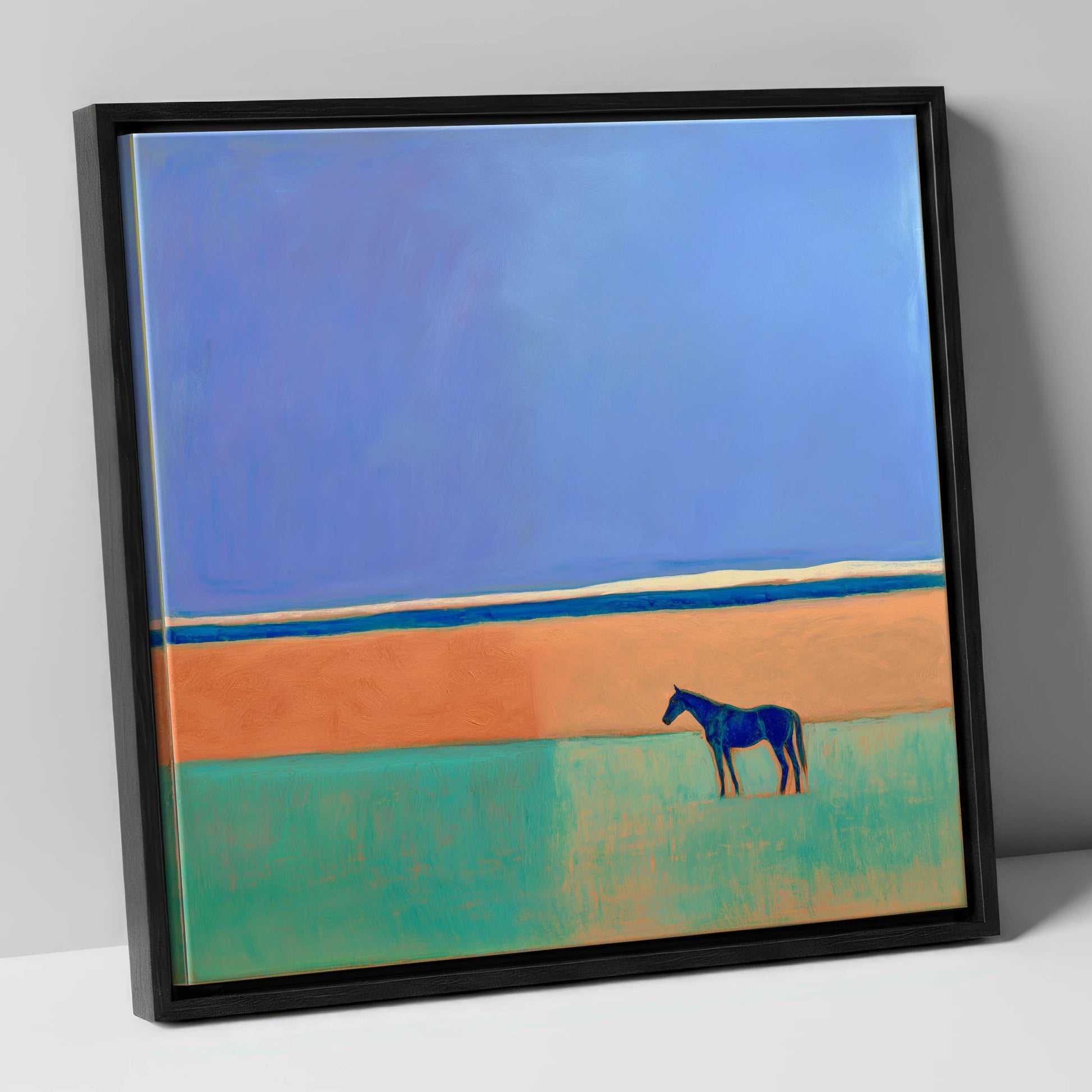 The Silent Expanse horse landscape canvas wall art in black frame