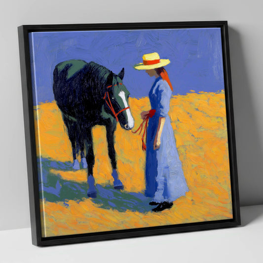 Golden Field Encounter horse & rider canvas wall art in black frame