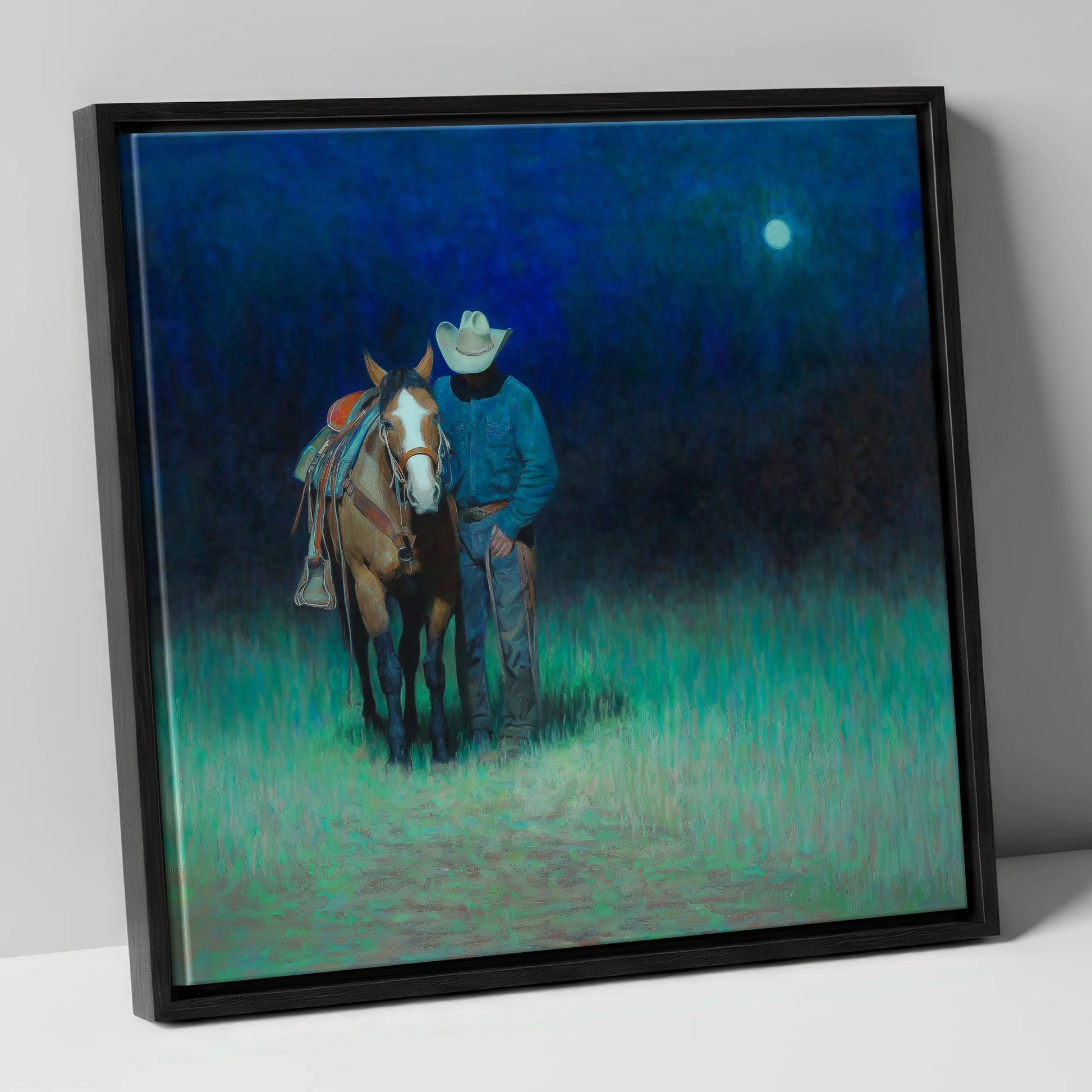 Under the Western Moon western horse canvas wall art in black frame