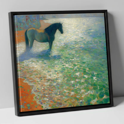 Sunlit Coastal Shallows beach horse canvas wall art in black frame