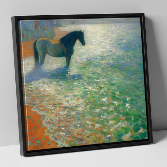 Sunlit Coastal Shallows beach horse canvas wall art in black frame