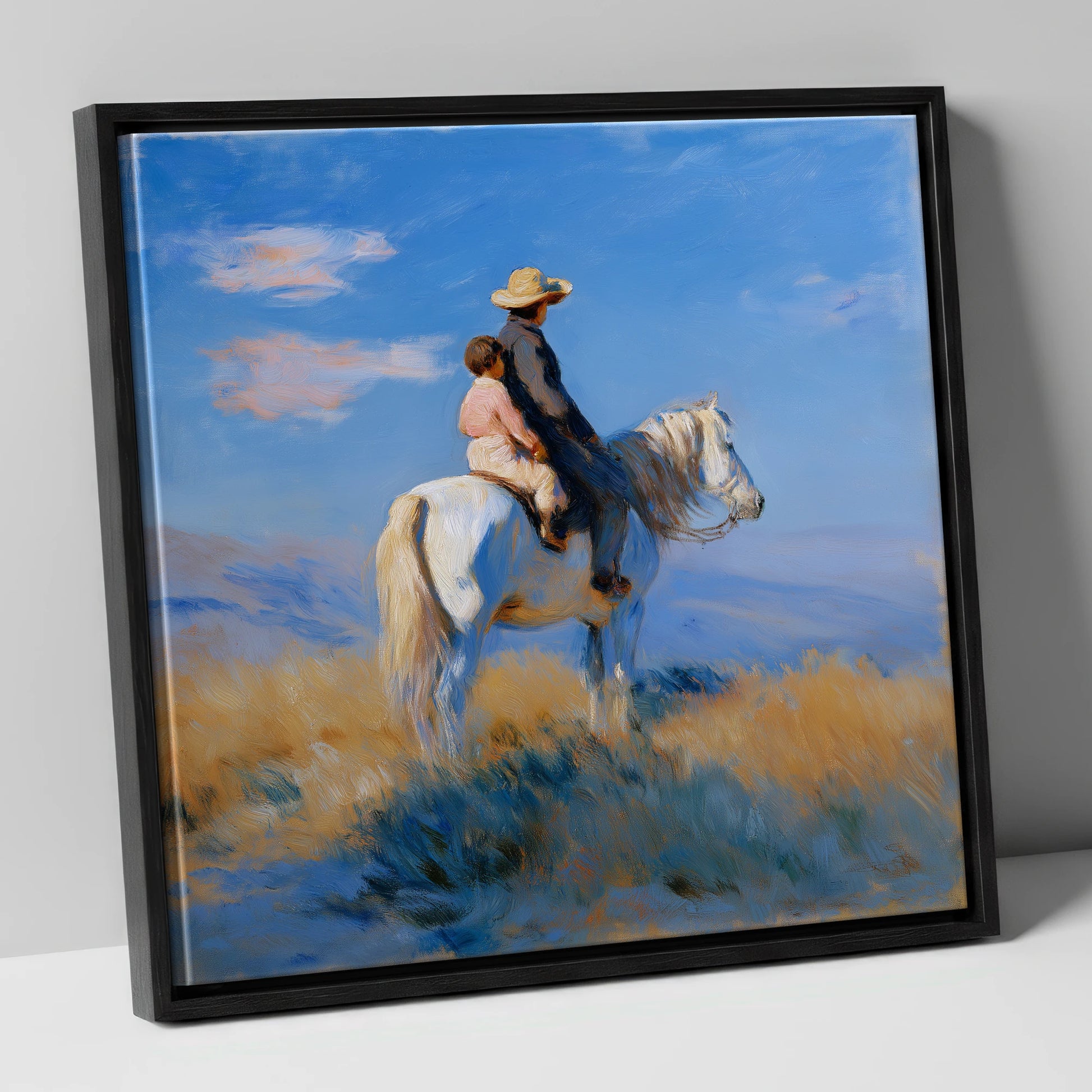 Shared Horizon horse & rider canvas wall art in black frame