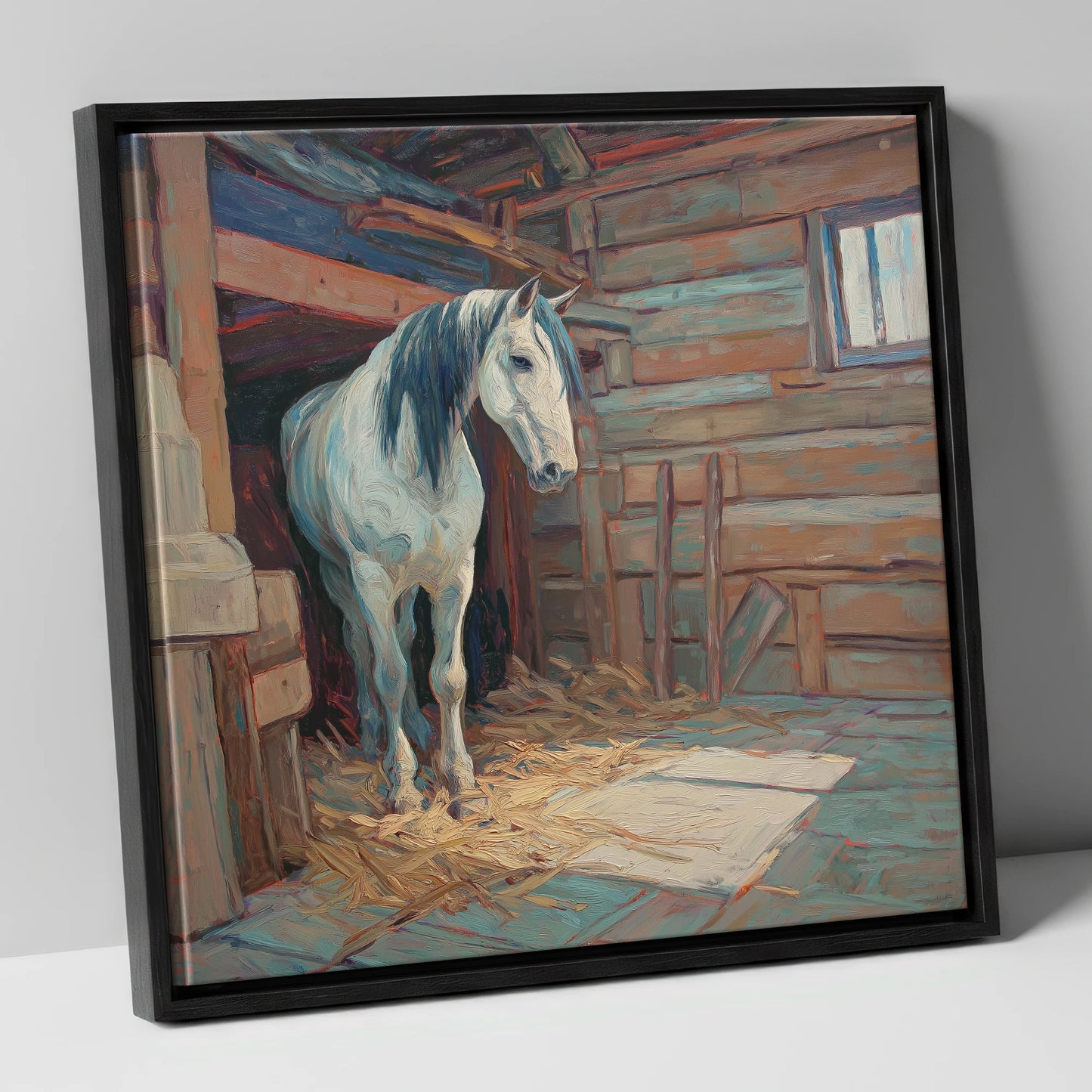 Peaceful Stable Morning horse stable canvas wall art in black frame