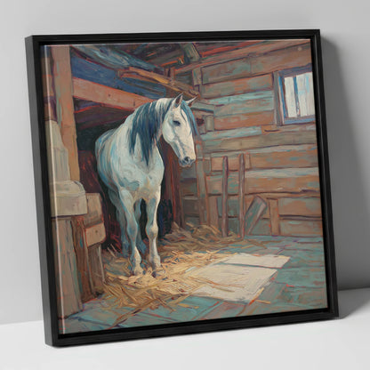 Peaceful Stable Morning horse stable canvas wall art in black frame