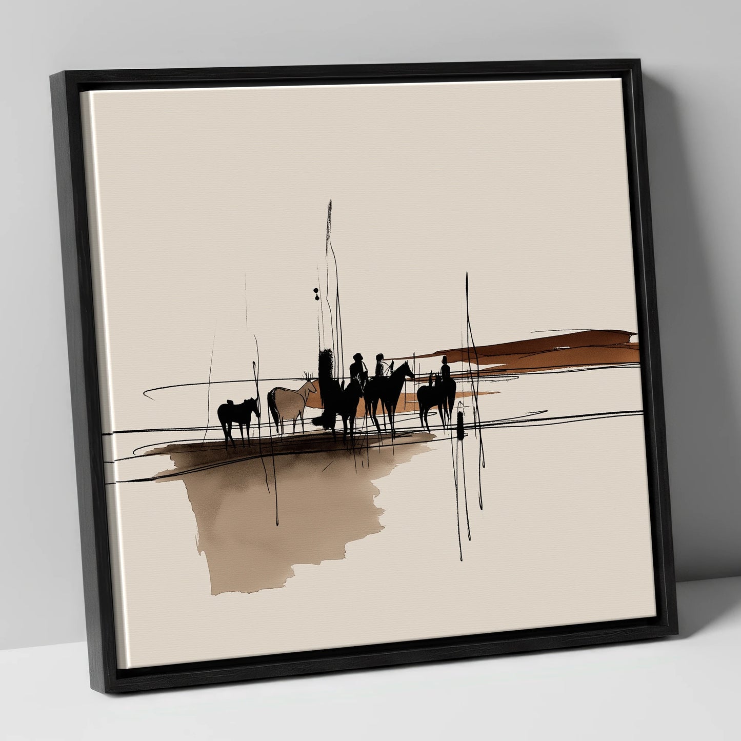 Silhouettes on the Wash horse landscape canvas wall art in black frame