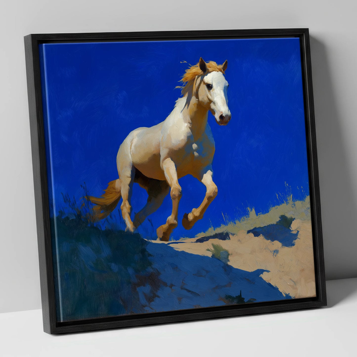 Sunlit Ascent wild horses canvas wall art in black frame