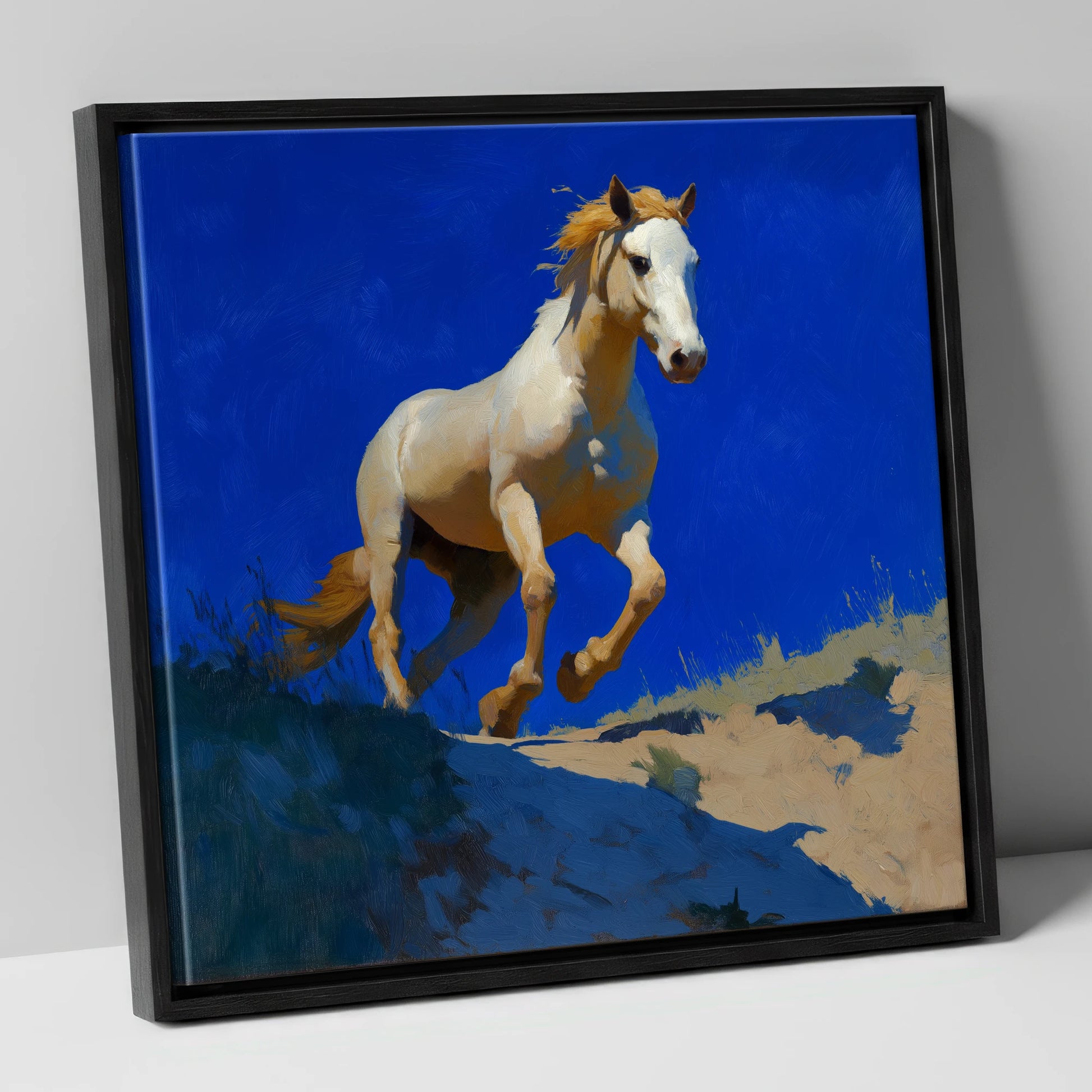 Sunlit Ascent wild horses canvas wall art in black frame