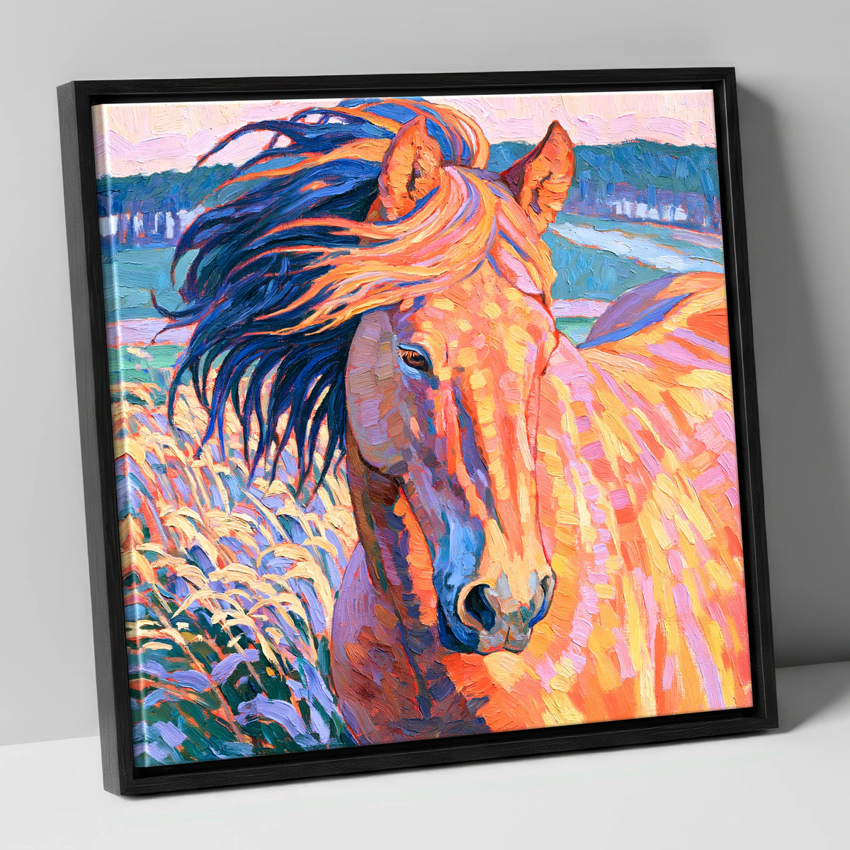Vibrant Windblown Horse Portrait horse breed canvas wall art in black frame