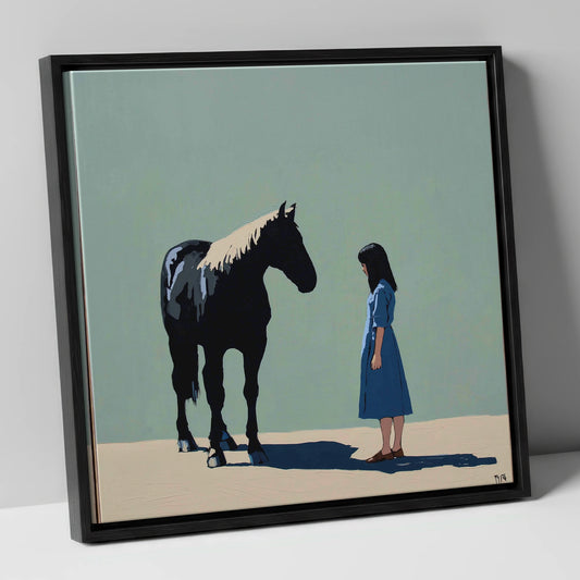 Quiet Understanding horse & rider canvas wall art in black frame