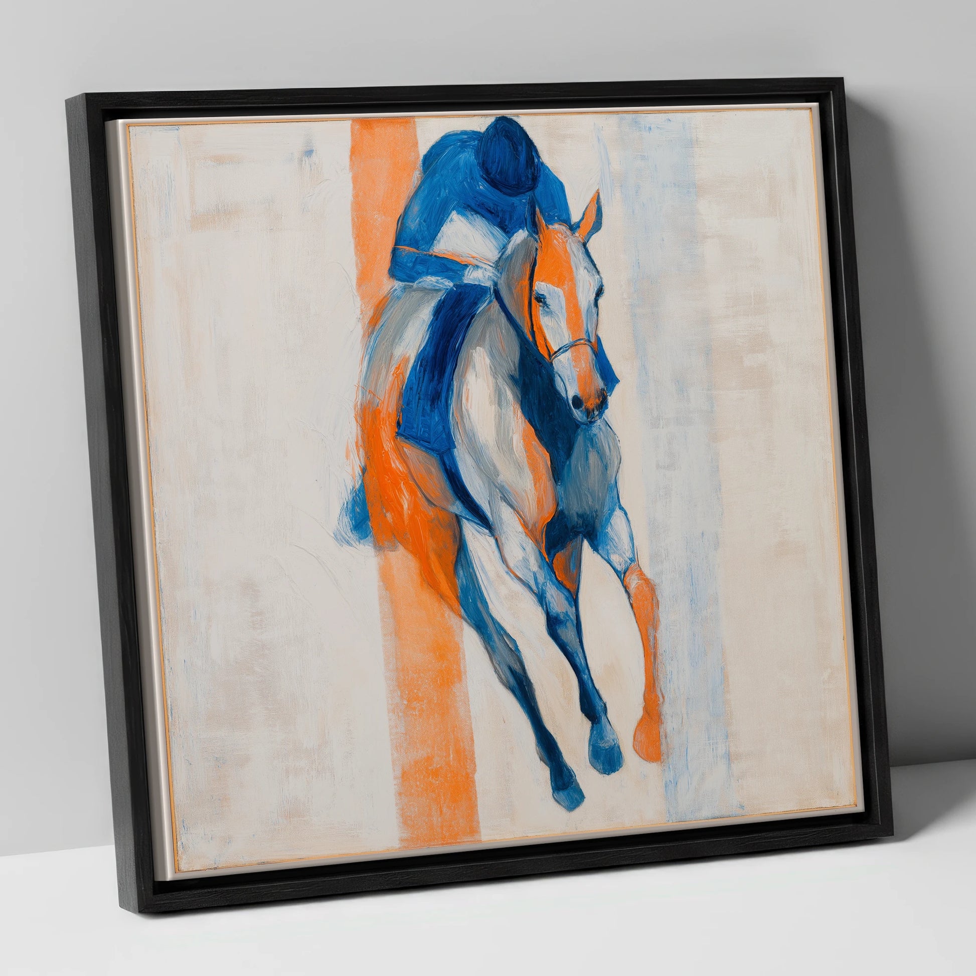 Velocity in Blue racing horse canvas wall art in black frame