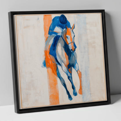 Velocity in Blue racing horse canvas wall art in black frame