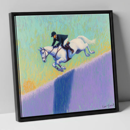 Flight Over Lavender show jumping horse canvas wall art in black frame