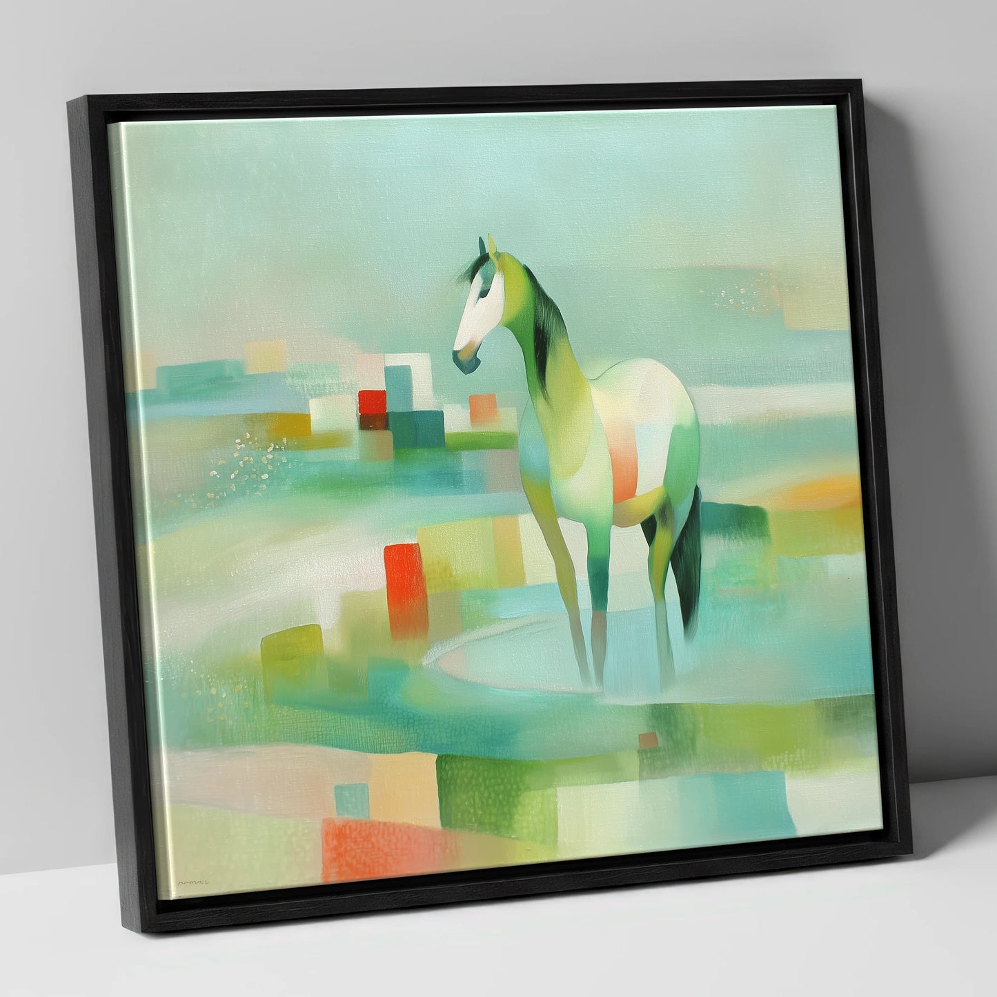 Geometric Coastal Equine beach horse canvas wall art in black frame