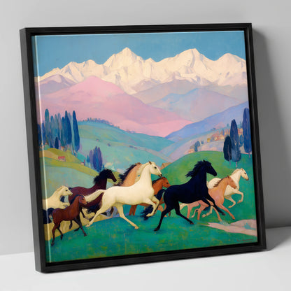 Vibrant Alpine Herd horse landscape canvas wall art in black frame