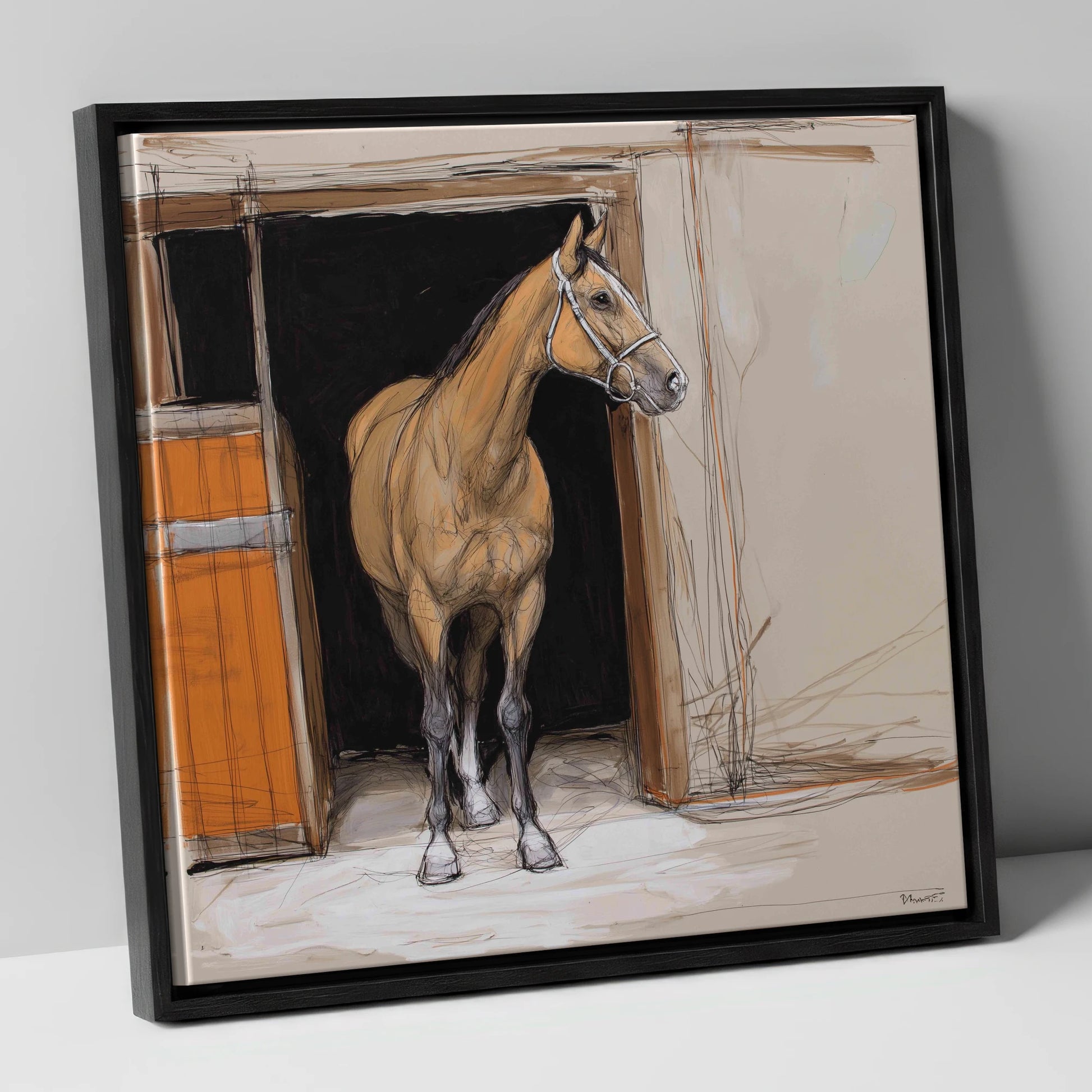 Morning Watch horse stable canvas wall art in black frame