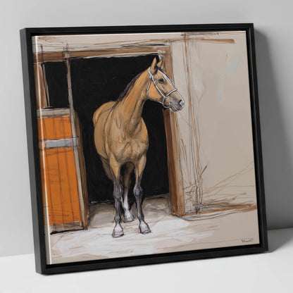 Morning Watch horse stable canvas wall art in black frame