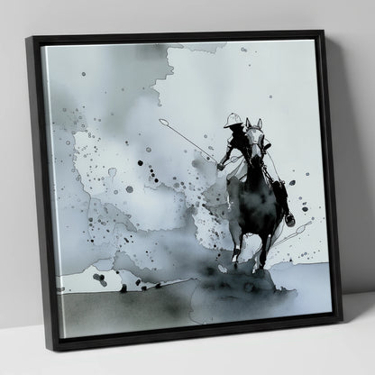 Out of the Mist polo horse canvas wall art in black frame