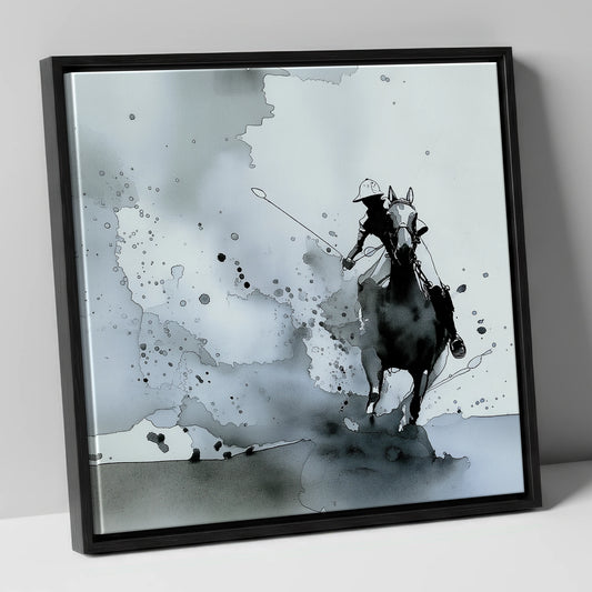 Out of the Mist polo horse canvas wall art in black frame