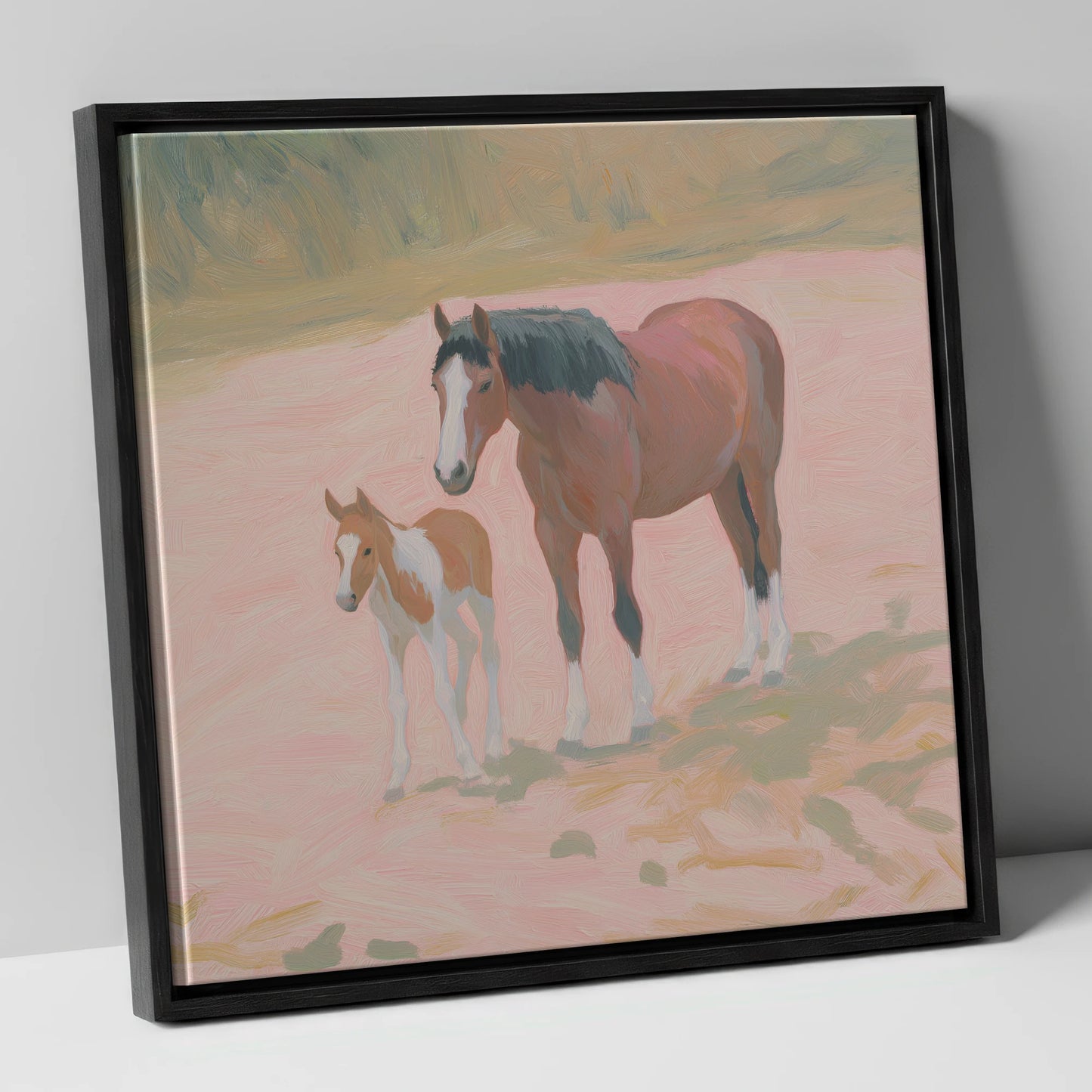 The Gentle Bond mare & foal canvas wall art in black frame