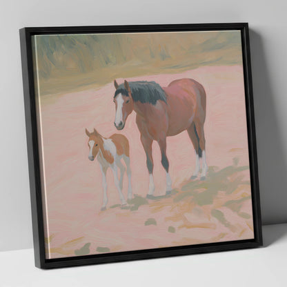 The Gentle Bond mare & foal canvas wall art in black frame