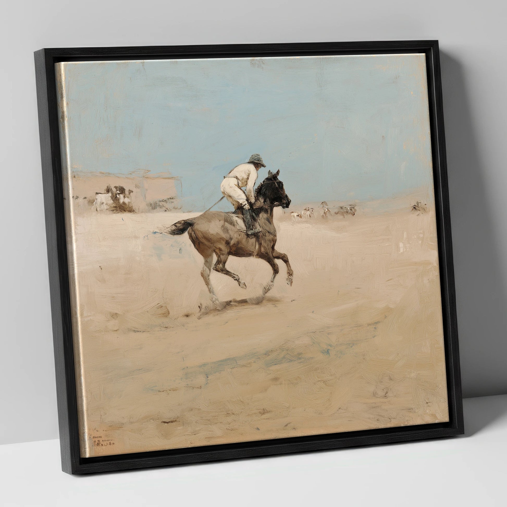 The Morning Gallop racing horse canvas wall art in black frame
