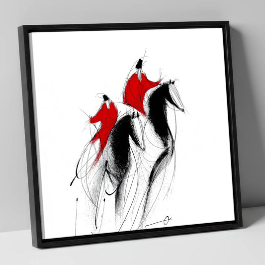 Scarlet Pursuit show jumping horse canvas wall art in black frame