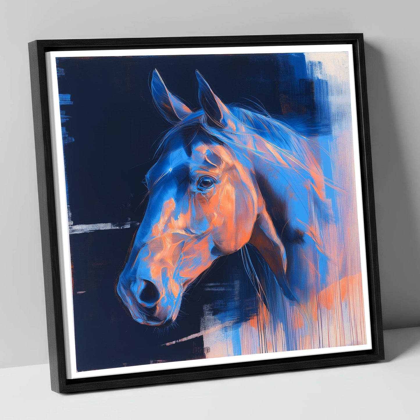 Cobalt and Copper Gaze horse portrait canvas wall art in black frame