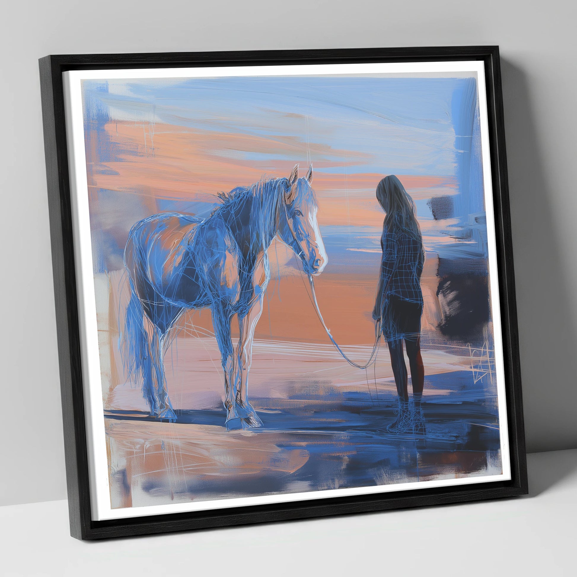 The Quiet Language horse & rider canvas wall art in black frame