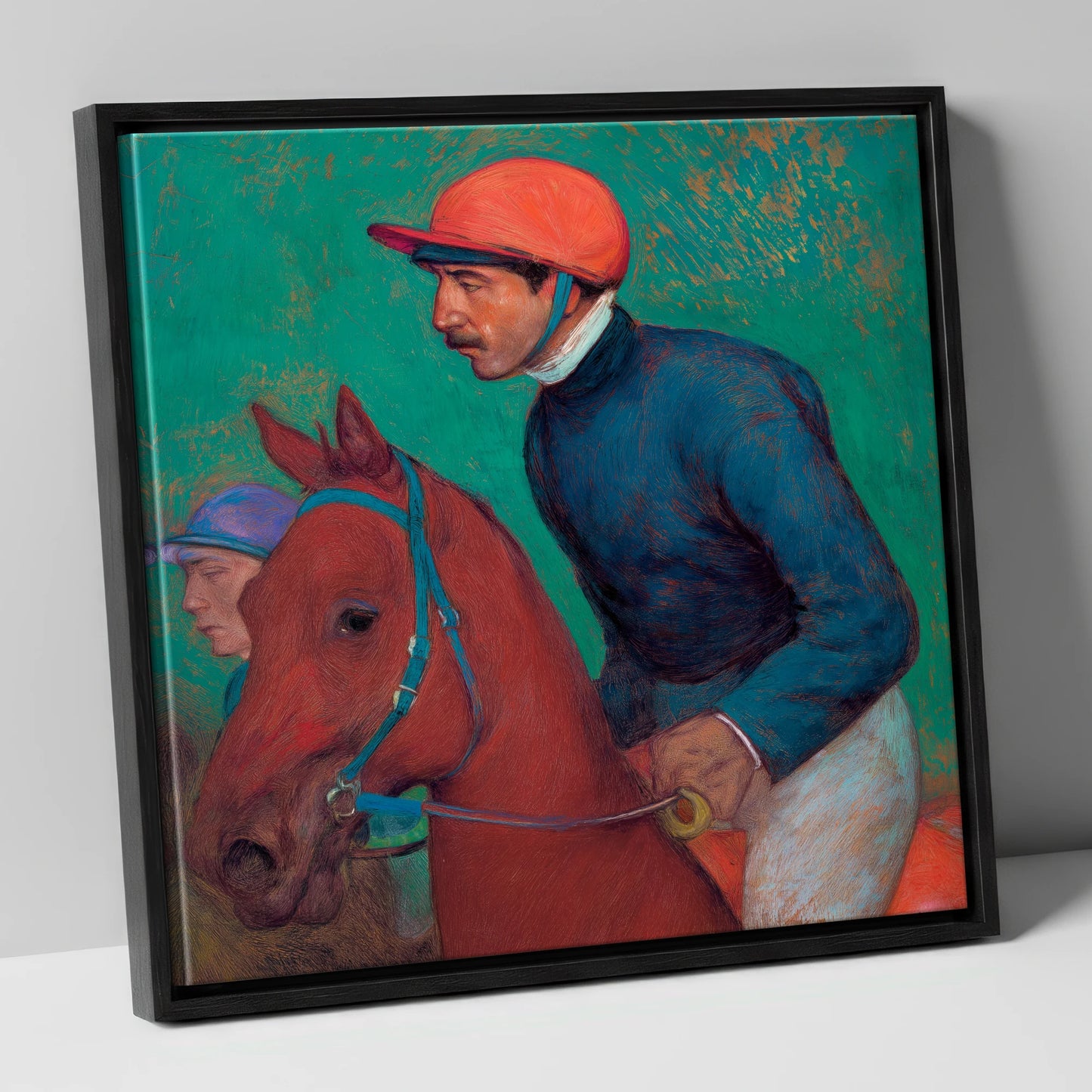 Turf Anticipation racing horse canvas wall art in black frame