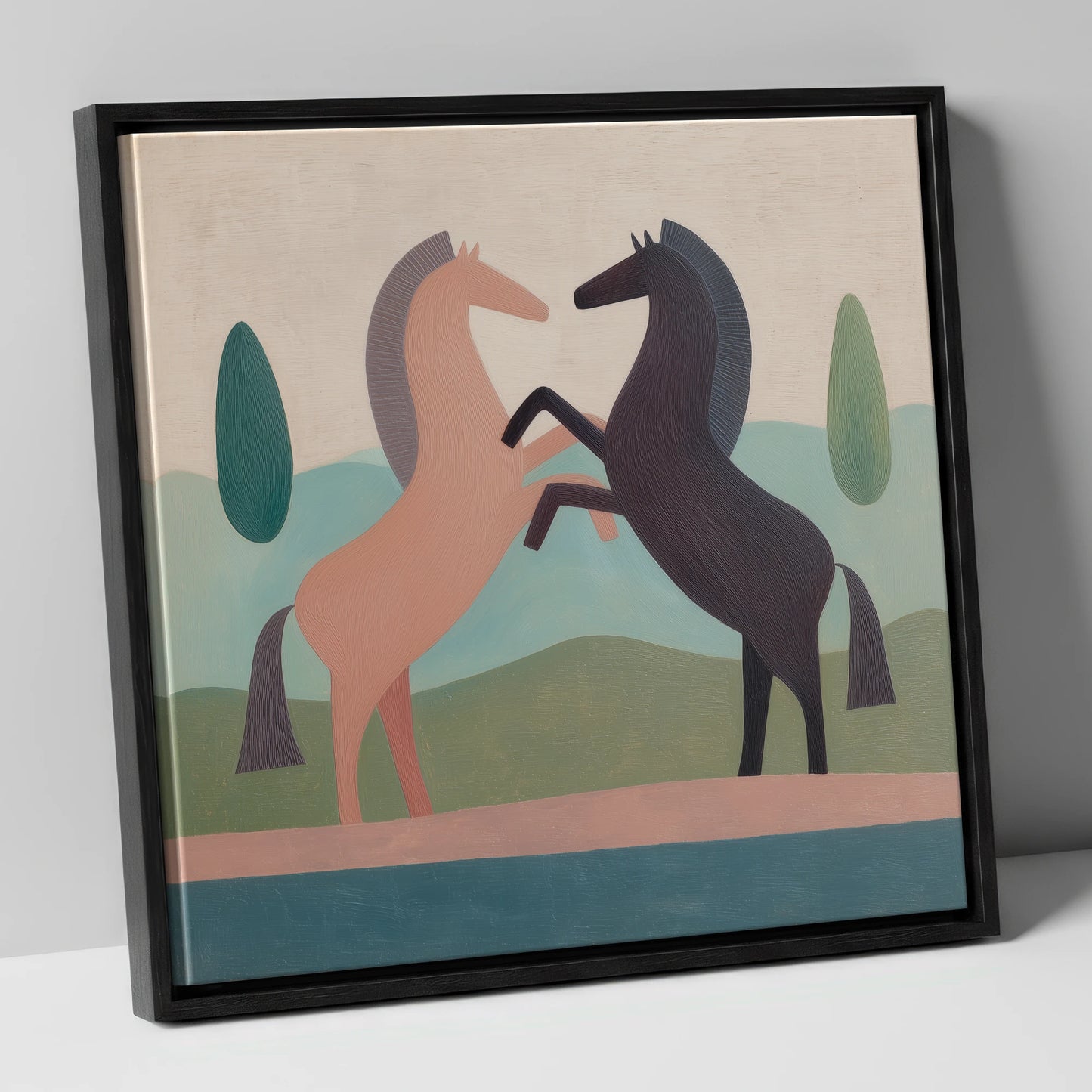 Earthy Equine Harmony wild horses canvas wall art in black frame