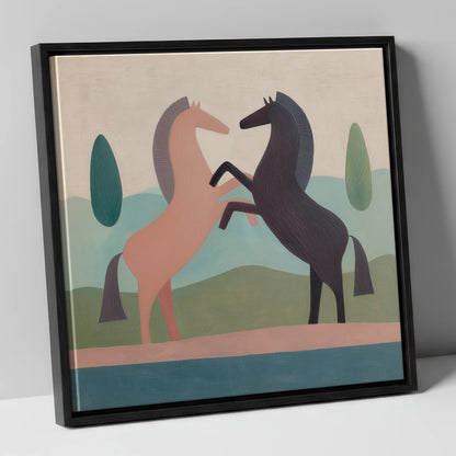 Earthy Equine Harmony wild horses canvas wall art in black frame