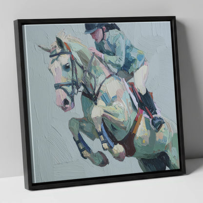 Pastel Flight Mid-Air show jumping horse canvas wall art in black frame