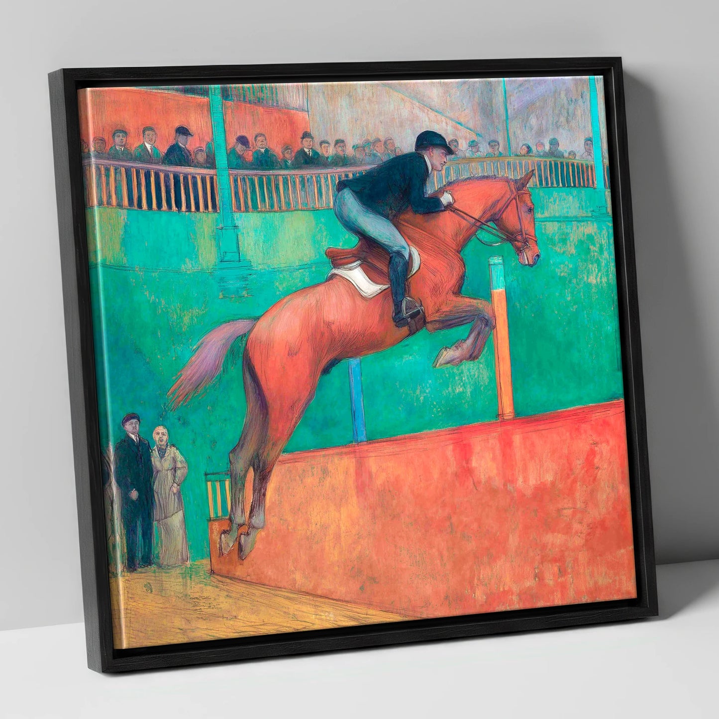 Emerald Arena Flight show jumping horse canvas wall art in black frame