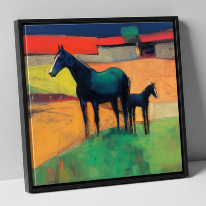 Midnight Sapphire Bond mare & foal canvas wall art in black frame