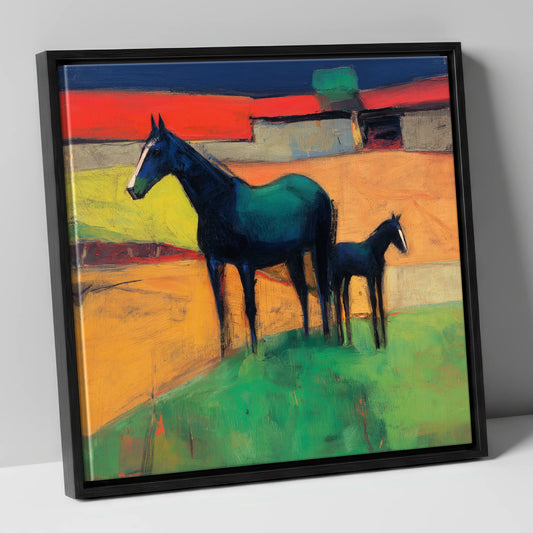 Midnight Sapphire Bond mare & foal canvas wall art in black frame