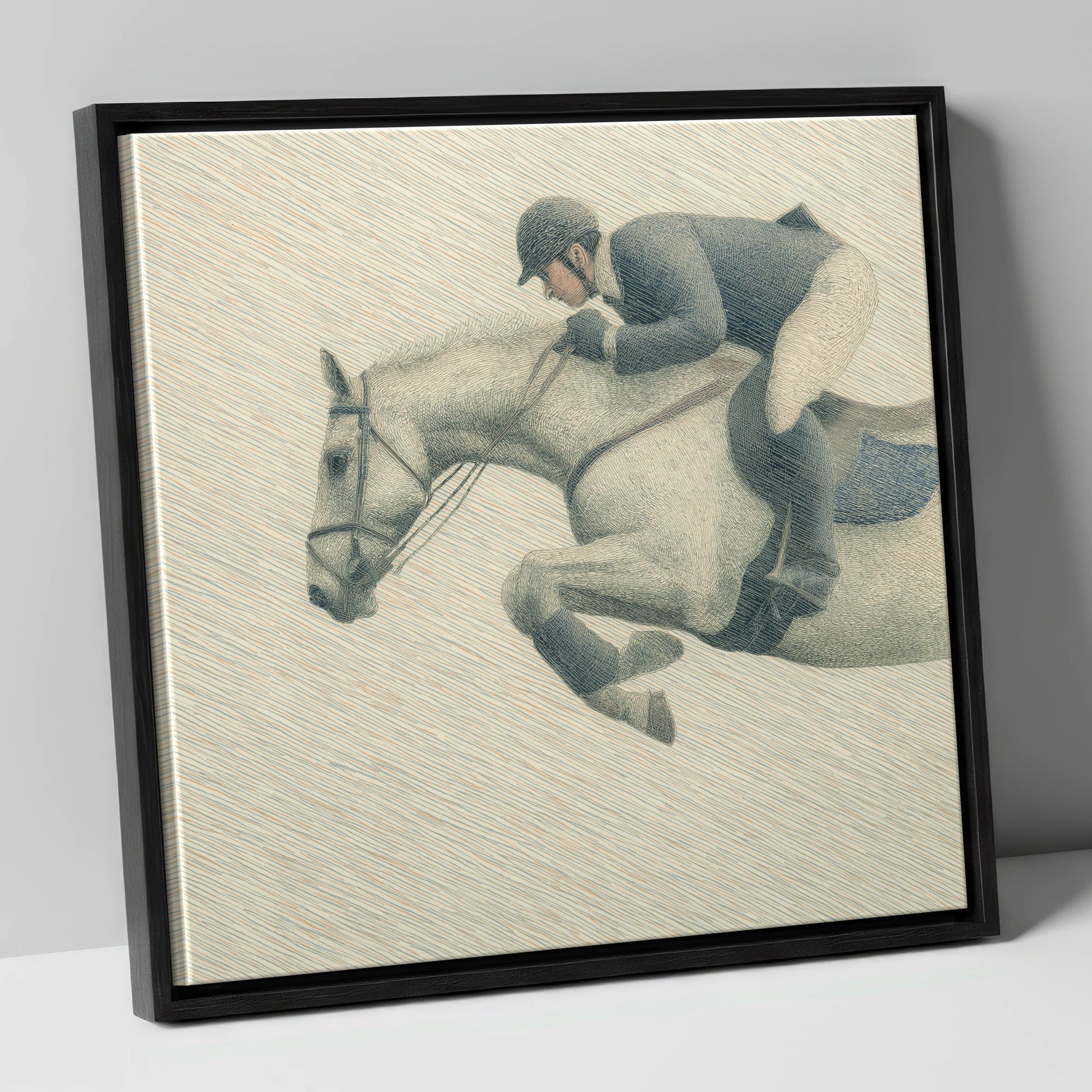 Structured Flight show jumping horse canvas wall art in black frame