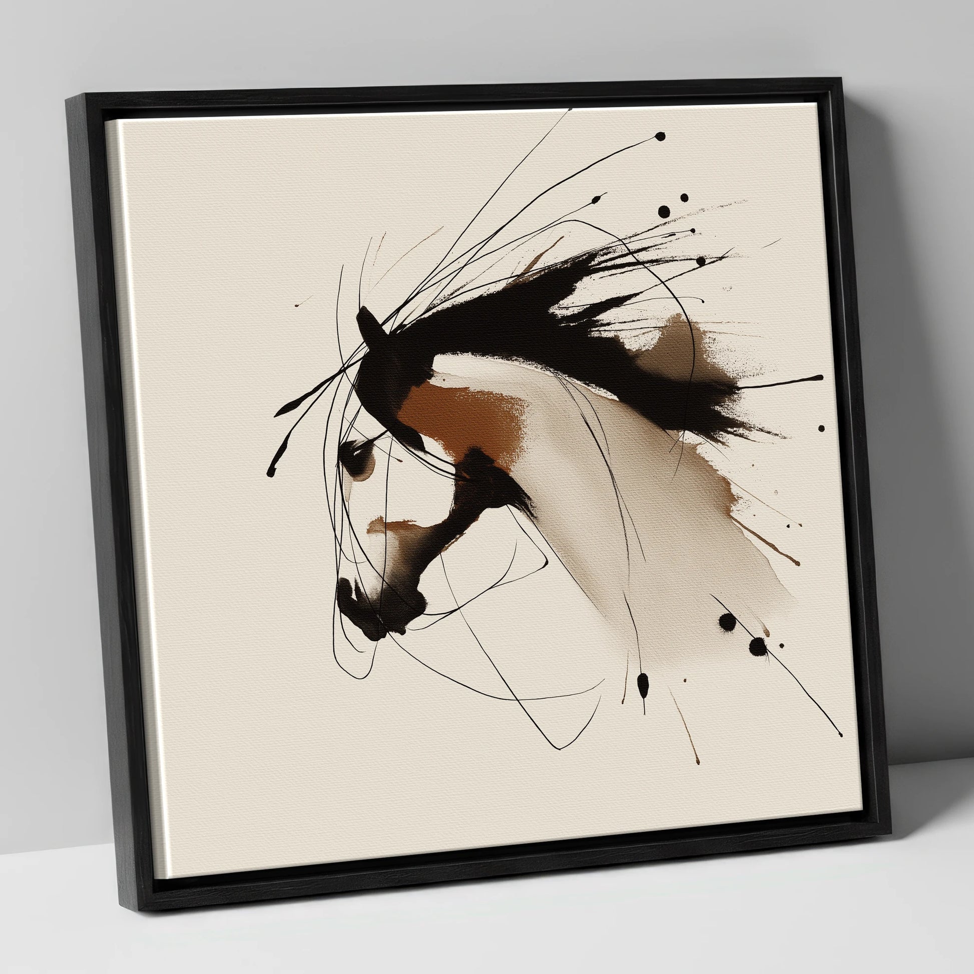 Ink Wash Equine Profile horse portrait canvas wall art in black frame