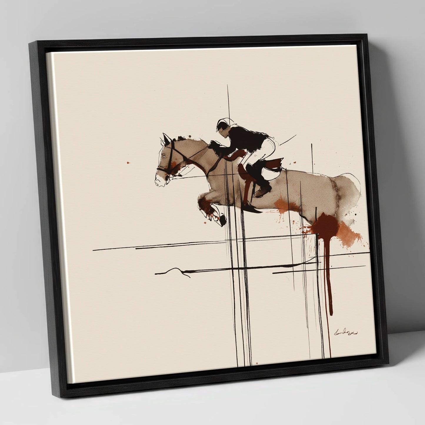 Precision and Flight show jumping horse canvas wall art in black frame