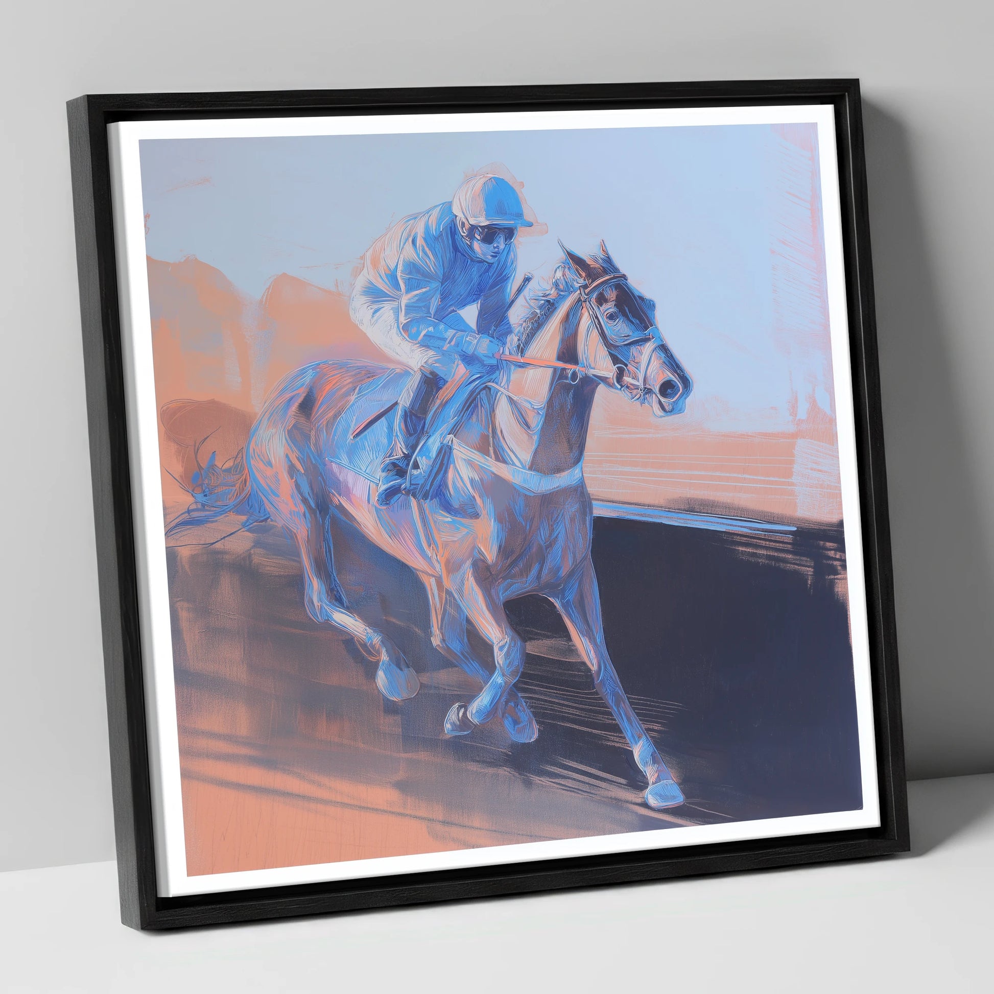 Indigo Stride racing horse canvas wall art in black frame