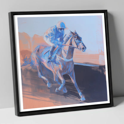Indigo Stride racing horse canvas wall art in black frame